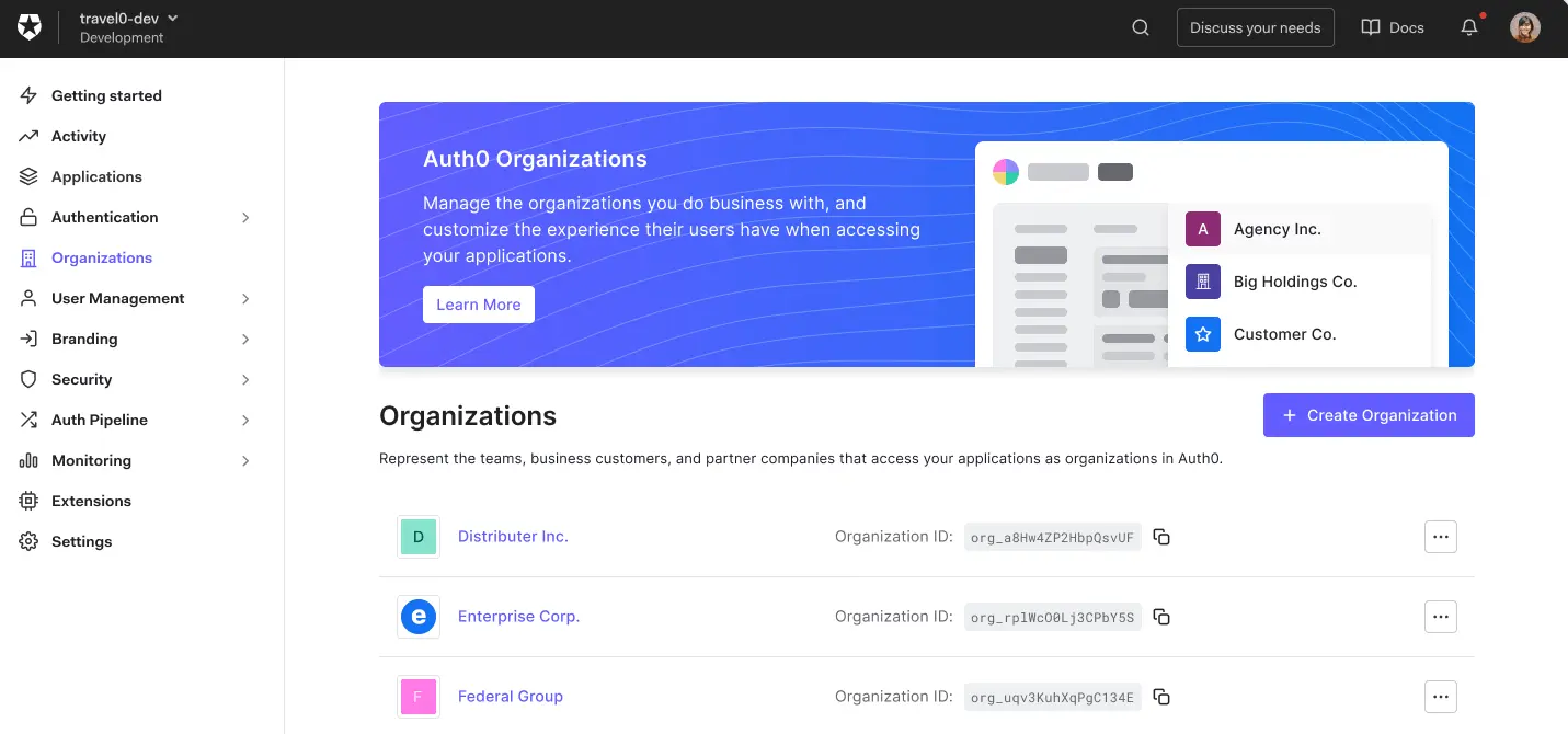 Auth0 Organizations feature for B2B SaaS